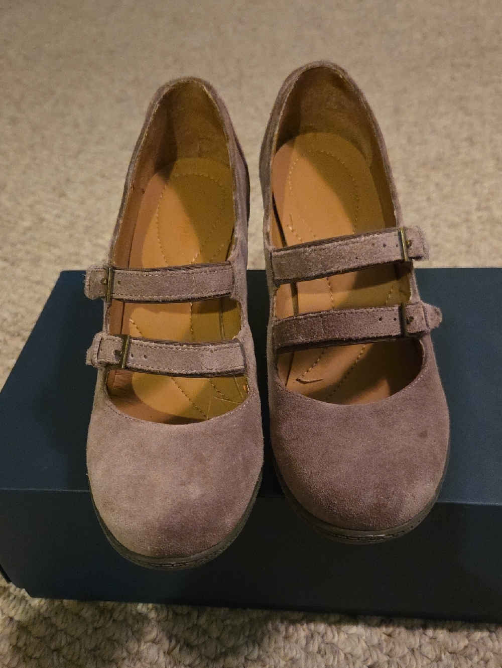Suede Mary Jane Chunky Heels in Taupe
